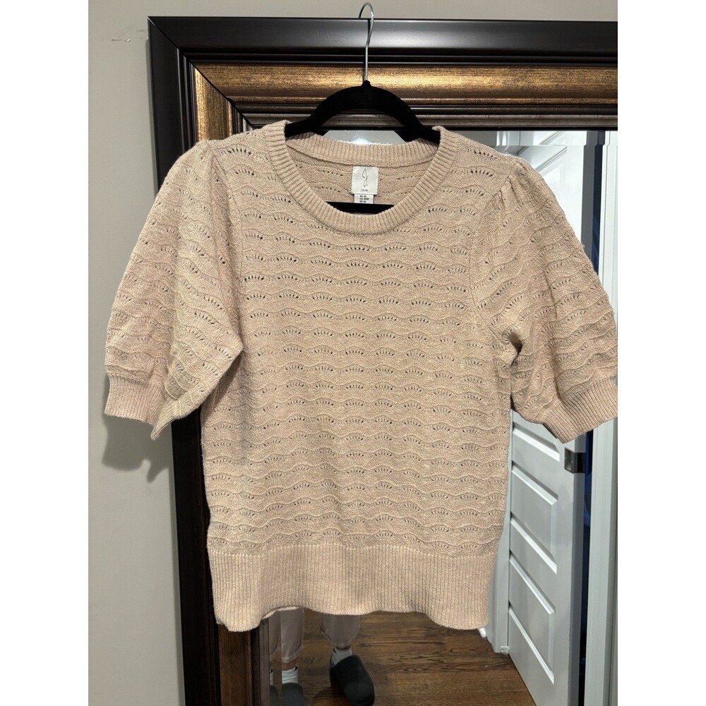 Joie Women's Beige Open-Knit Eyelet Puff Sleeve Crew Neck Pullover Sweater M